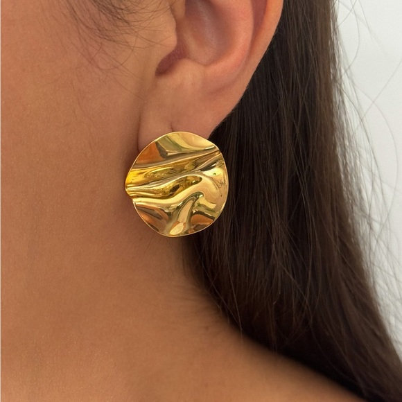 Modern Abstract Gold Round Earrings - Picture 2 of 5